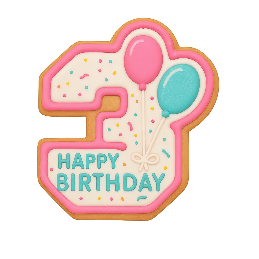 Mighty Gadget 3 Year Old Birthday Cookie Cutter - Number 3 with Balloons, 4x3.4” Baking Tool (Random Color)
