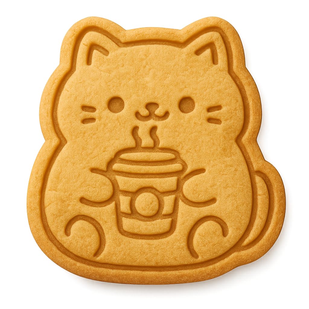 Kawaii Cat Holding Coffee Cup Cookie Cutter - 4x3.67" Fun Baking