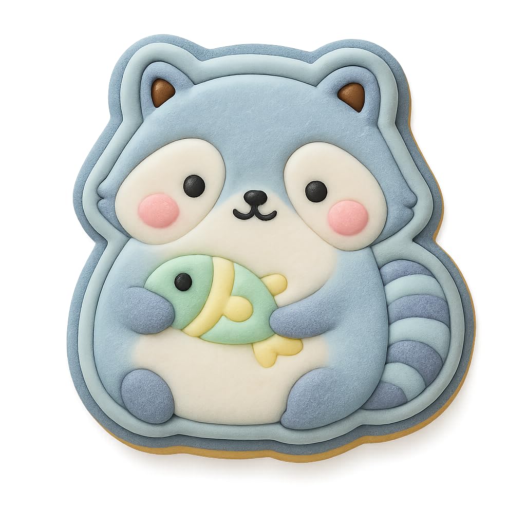 Kawaii Raccoon Holding Fish Cookie Cutter - 4x3.5" Fun Baking for Kids Party