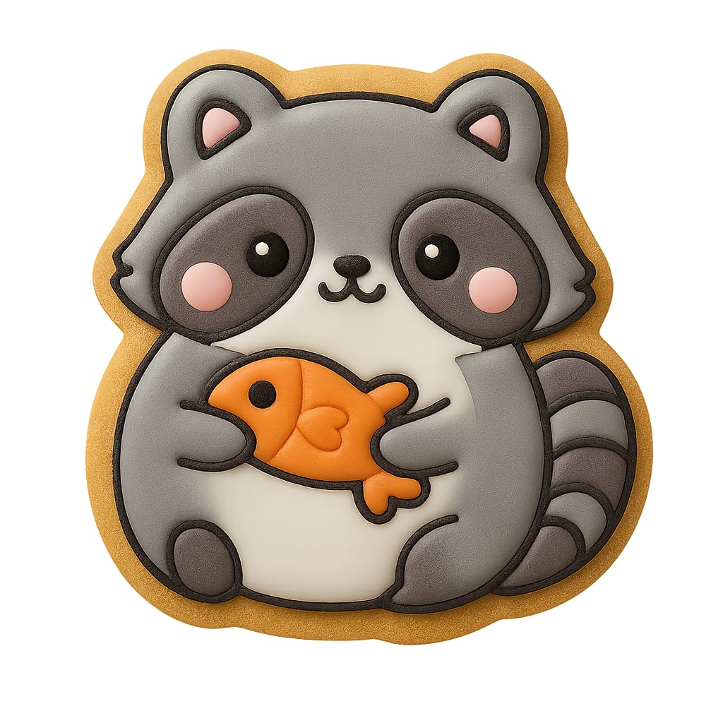 Kawaii Raccoon Holding Fish Cookie Cutter - 4x3.5" Fun Baking for Kids Party