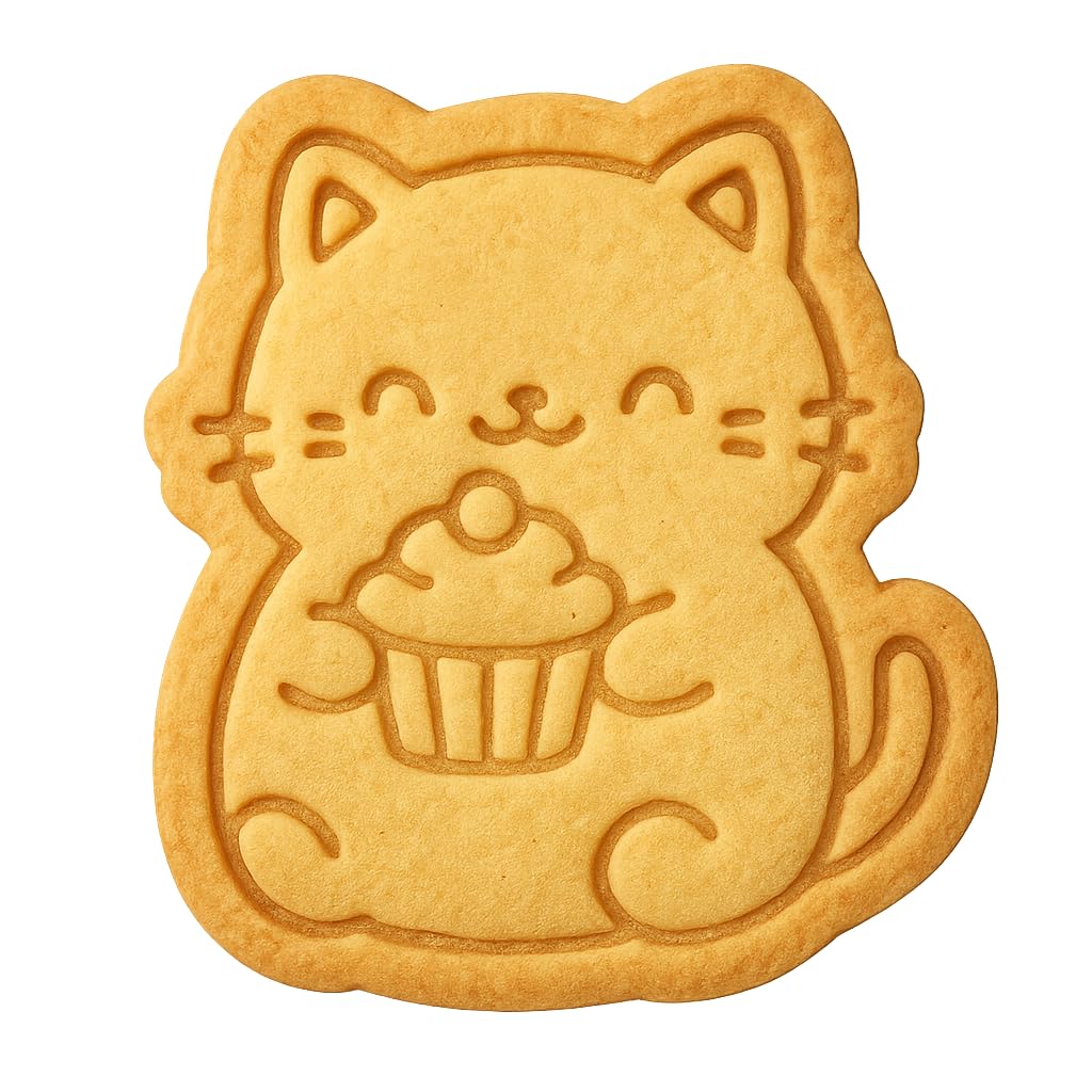 Kawaii Chubby Cat Holding Cupcake Cookie Cutter - 4x3.5" Fun Baking Set Design