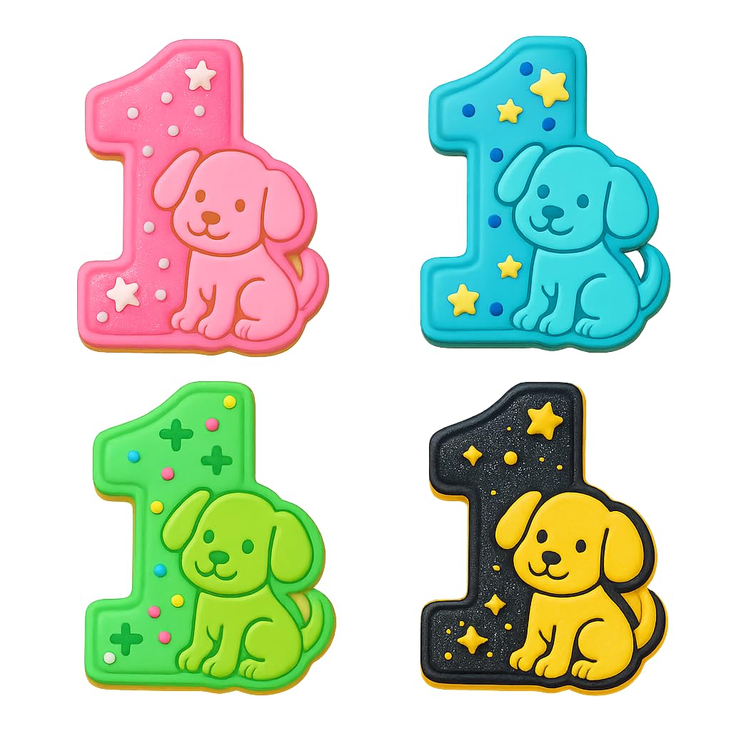 Mighty Gadget Number 1 with Puppy Cookie Cutter & Stamp - 4x3" Cute Design for First Birthday (Random Color)