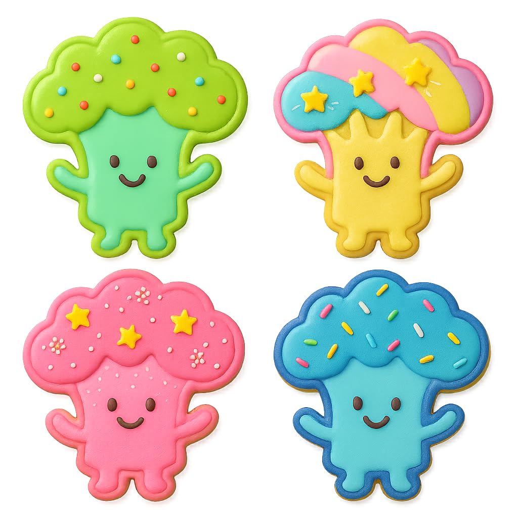 Mighty Gadget Happy Broccoli Buddy Cookie Cutter & Stamp - 4x2.8" Fun Shape for Kids Baking Party (Random Color)