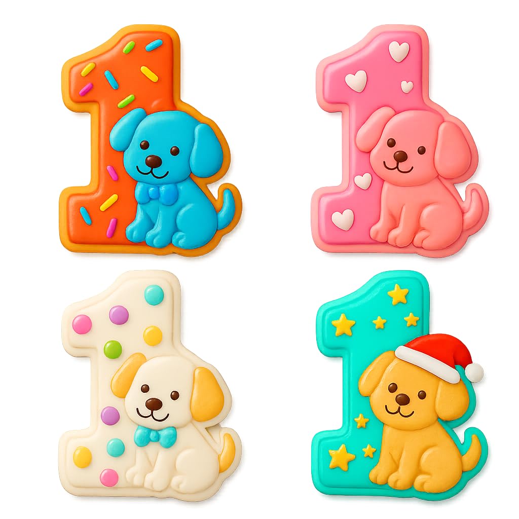 Mighty Gadget Number 1 with Puppy Cookie Cutter & Stamp - 4x3" Cute Design for First Birthday (Random Color)