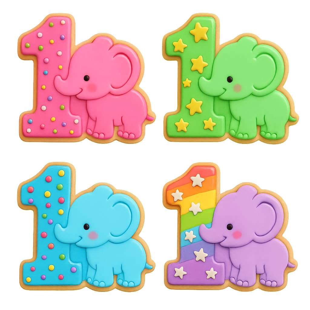 Mighty Gadget Baby Elephant and Number One Cookie Cutter & Stamp - 4x3.5" Fun for One Year Old Celebrations (Random Color)