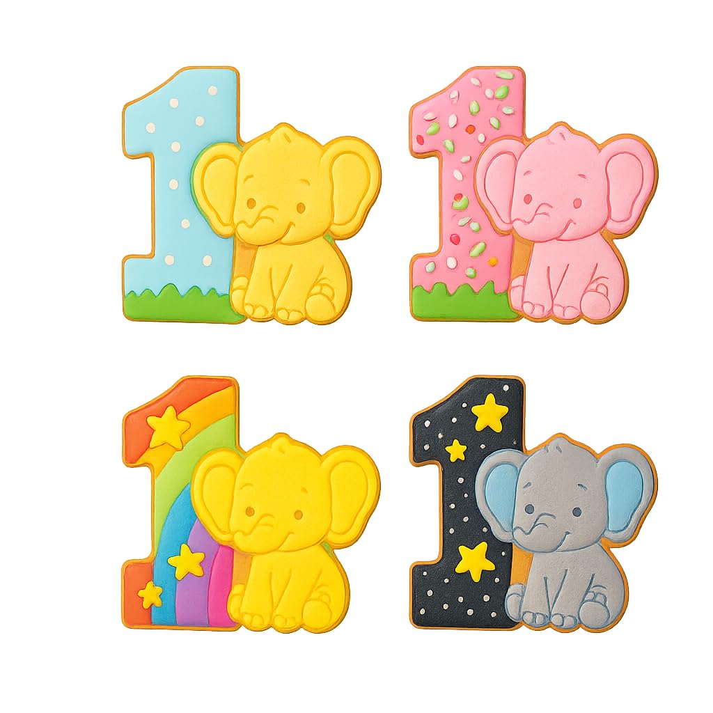 Mighty Gadget Number 1 with Elephant Cookie Cutter & Stamp - 4x3.5" Adorable Design for 1 Year Old Birthday (Random Color)
