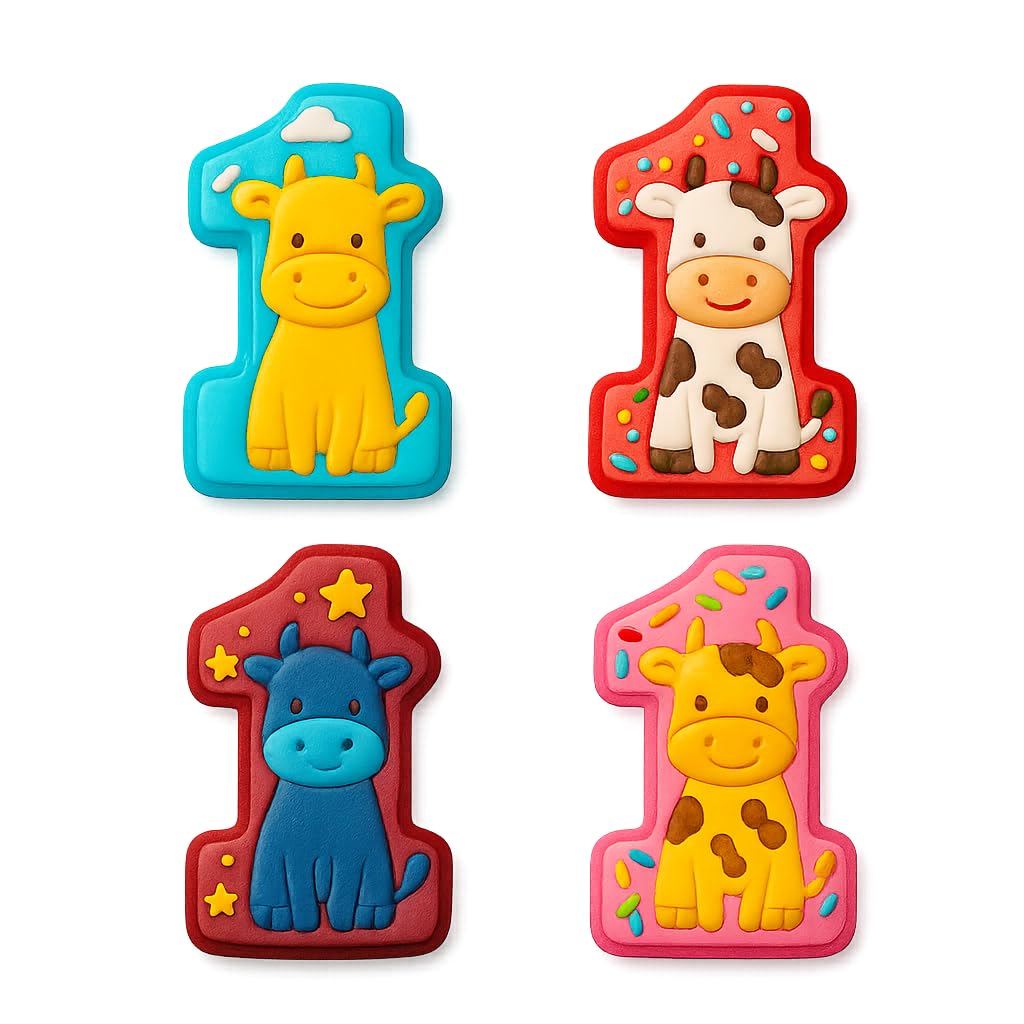 Mighty Gadget Number 1 with Cow Cookie Cutter & Stamp - 4x2.6" Cute Animal Design for 1st Birthday Celebrations (Random Color)