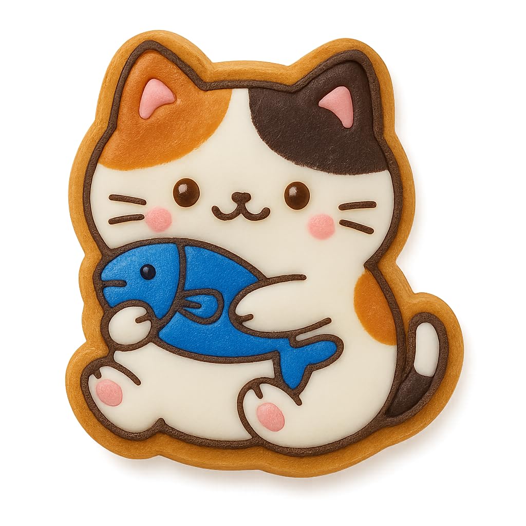 Kawaii Chubby Cat Holding Fish Cookie Cutter - 4x3.61" Fun Kitchen Baking