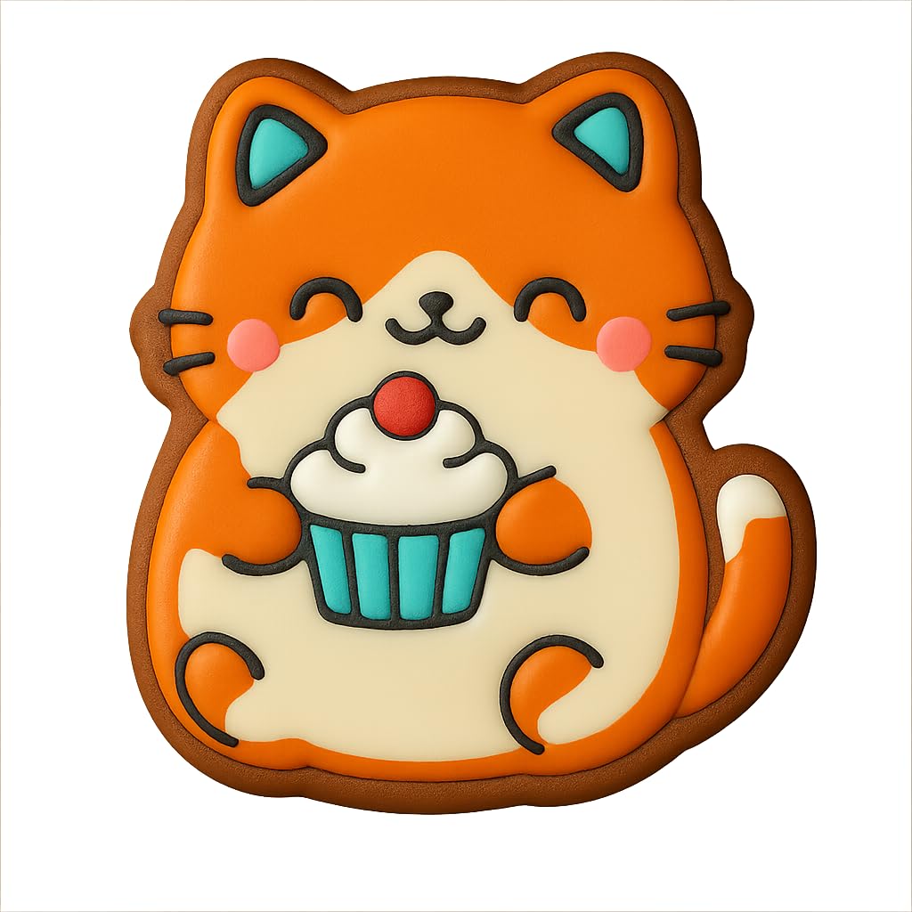 Kawaii Chubby Cat Holding Cupcake Cookie Cutter - 4x3.5" Fun Baking Set Design