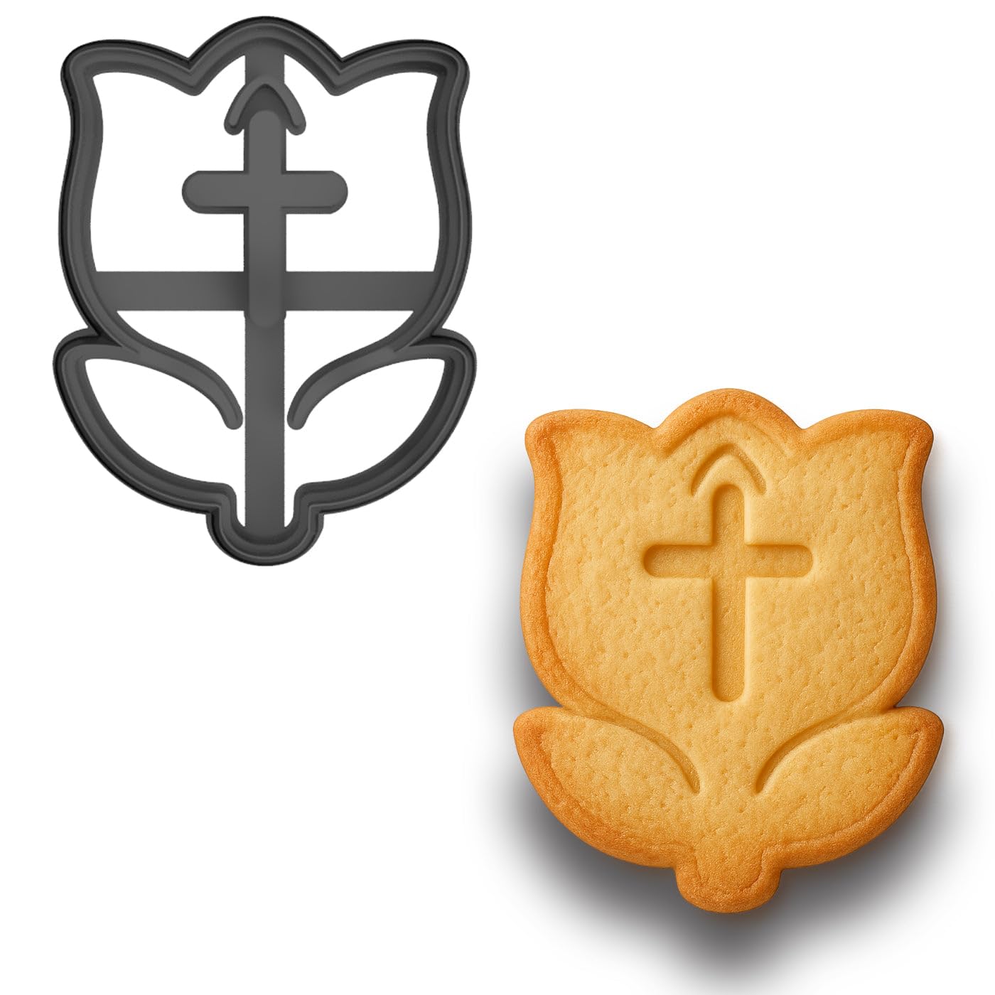 Mighty Gadget Christian Tulip Cookie Cutter – 4" Floral Cross Design for Easter and Religious Baking (Random Color)