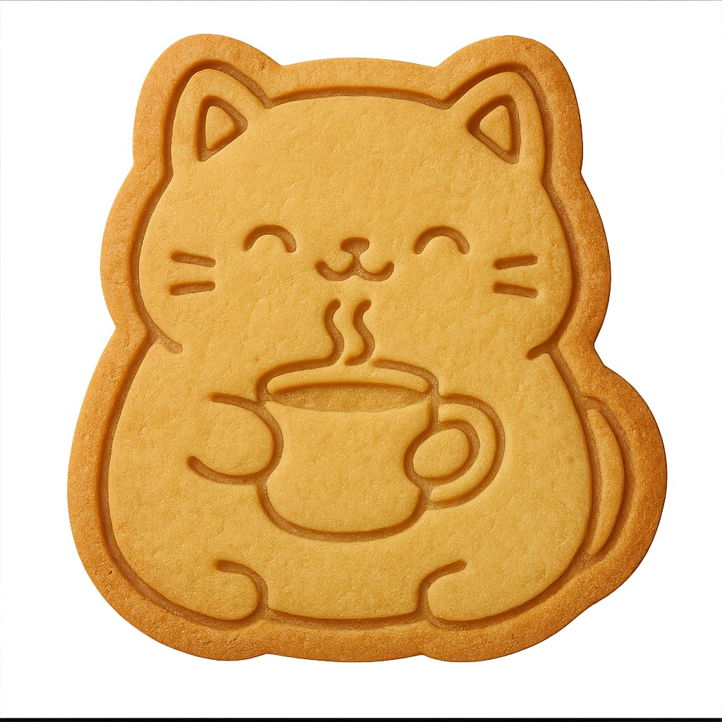 Kawaii Cat Holding Coffee Mug Cookie Cutter - 4x3.7" Fun Baking Design Set