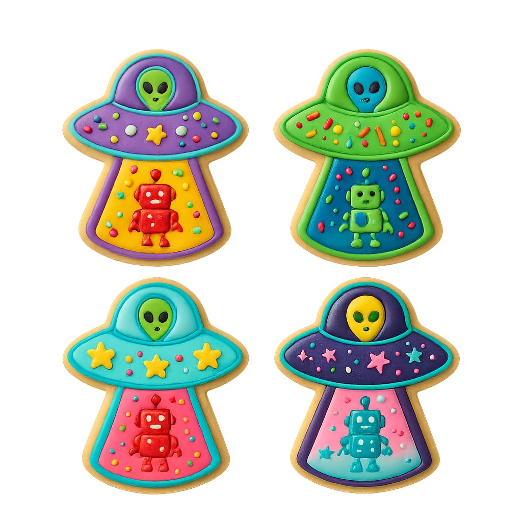 Mighty Gadget UFO & Robot Cookie Cutter & Stamp - 4x2.67" Whimsical Design for Galactic Baking (Random Color)
