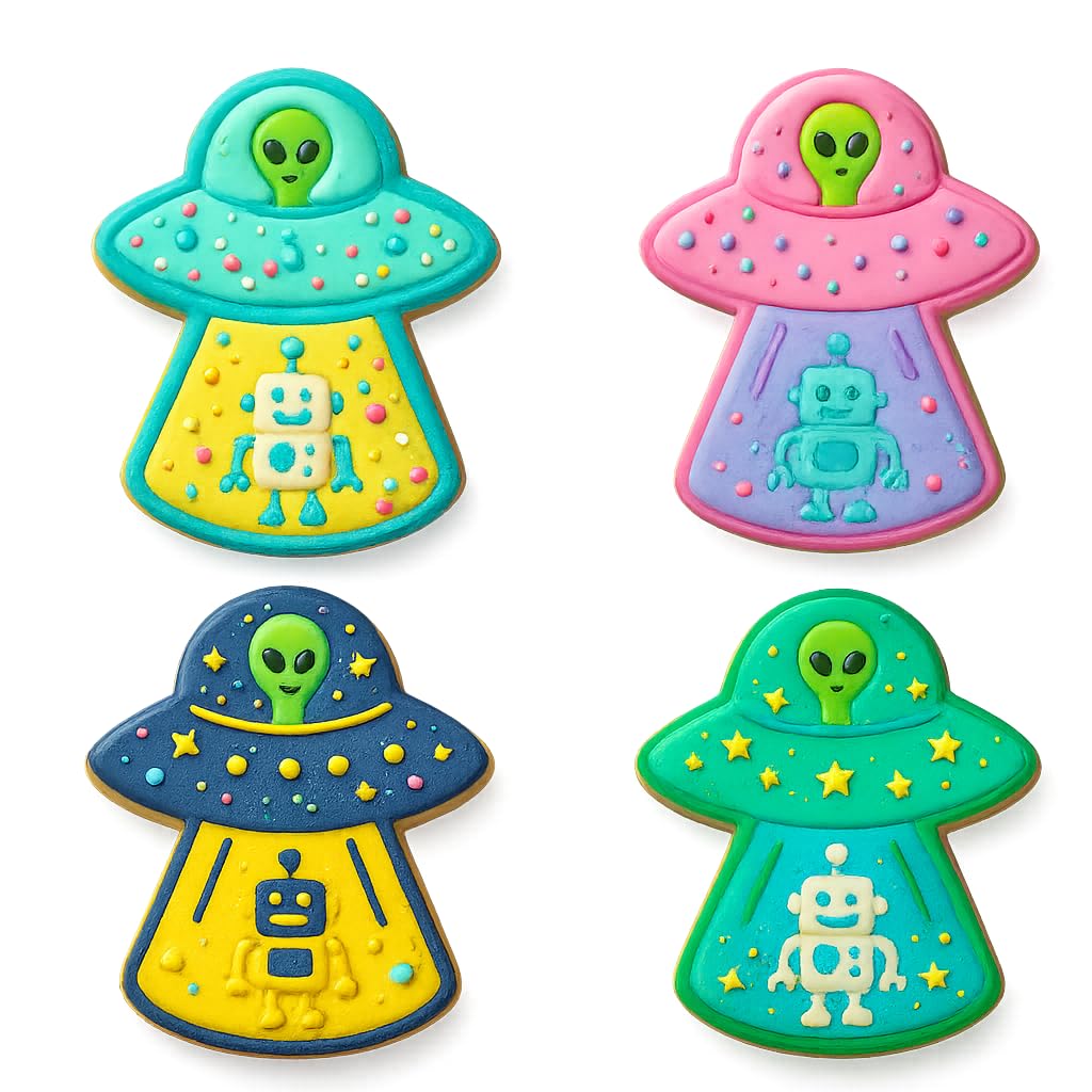 Mighty Gadget UFO & Robot Cookie Cutter & Stamp - 4x2.67" Whimsical Design for Galactic Baking (Random Color)