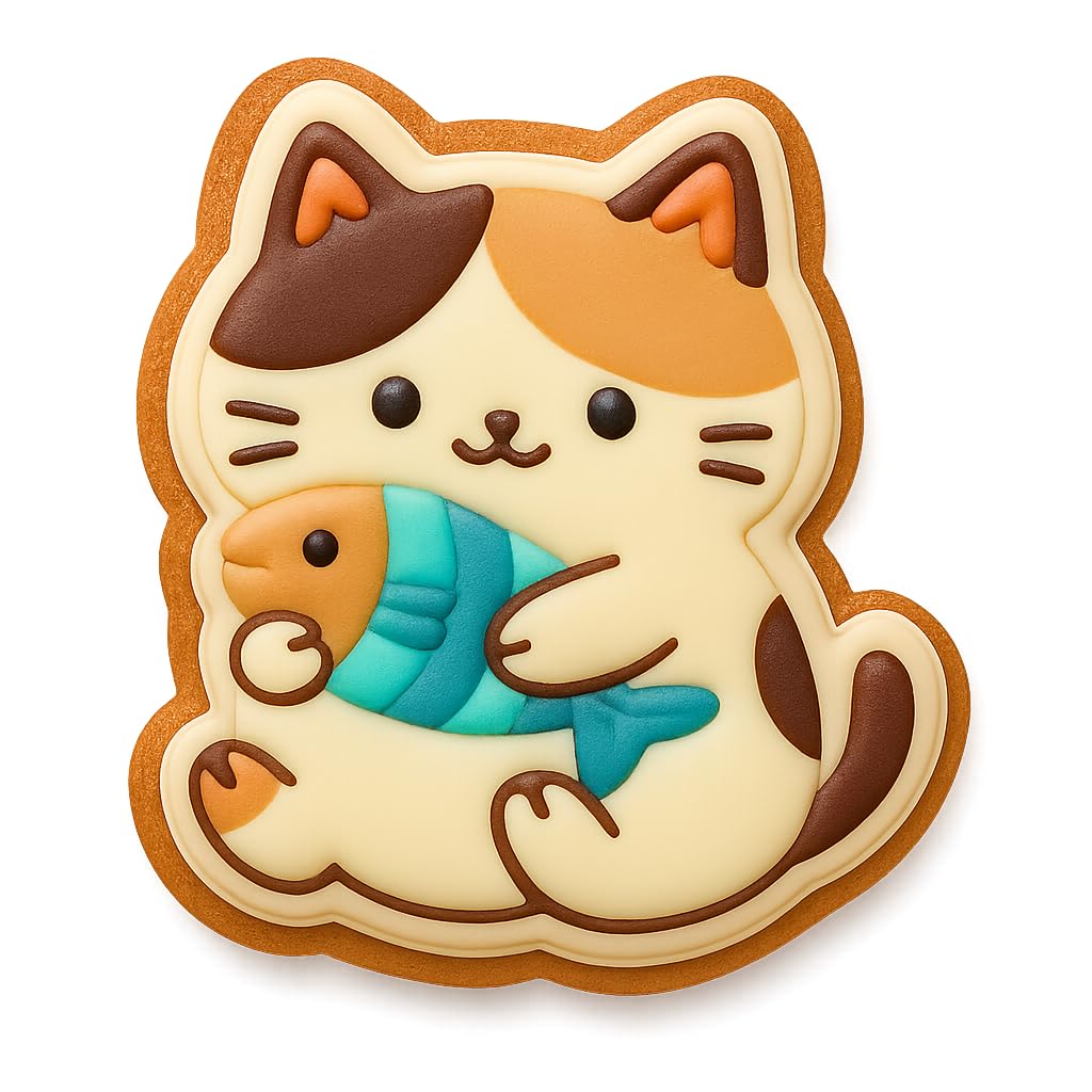 Kawaii Chubby Cat Holding Fish Cookie Cutter - 4x3.61" Fun Kitchen Baking