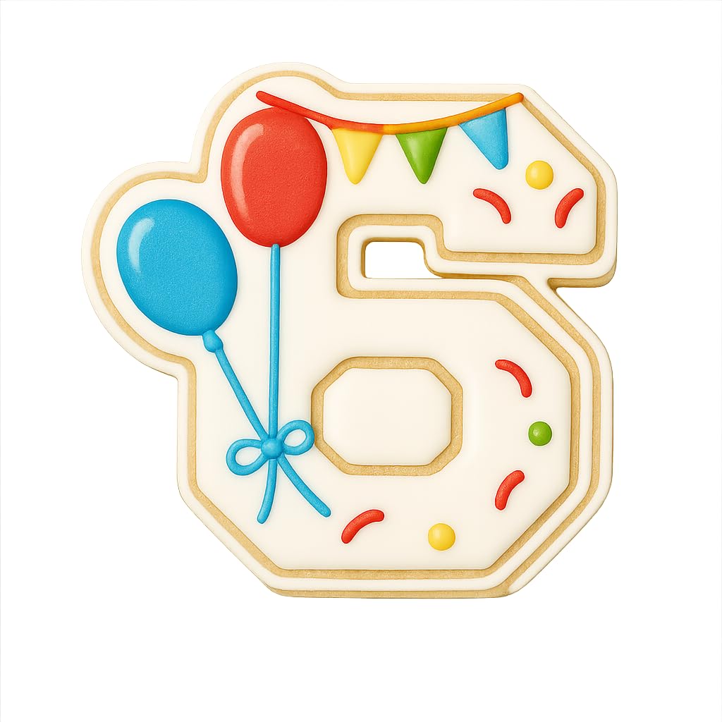 Mighty Gadget Number 6 with Balloons Cookie Cutter for 6 Year Old - 4x3.82" Birthday Celebration Mold (Random Color)