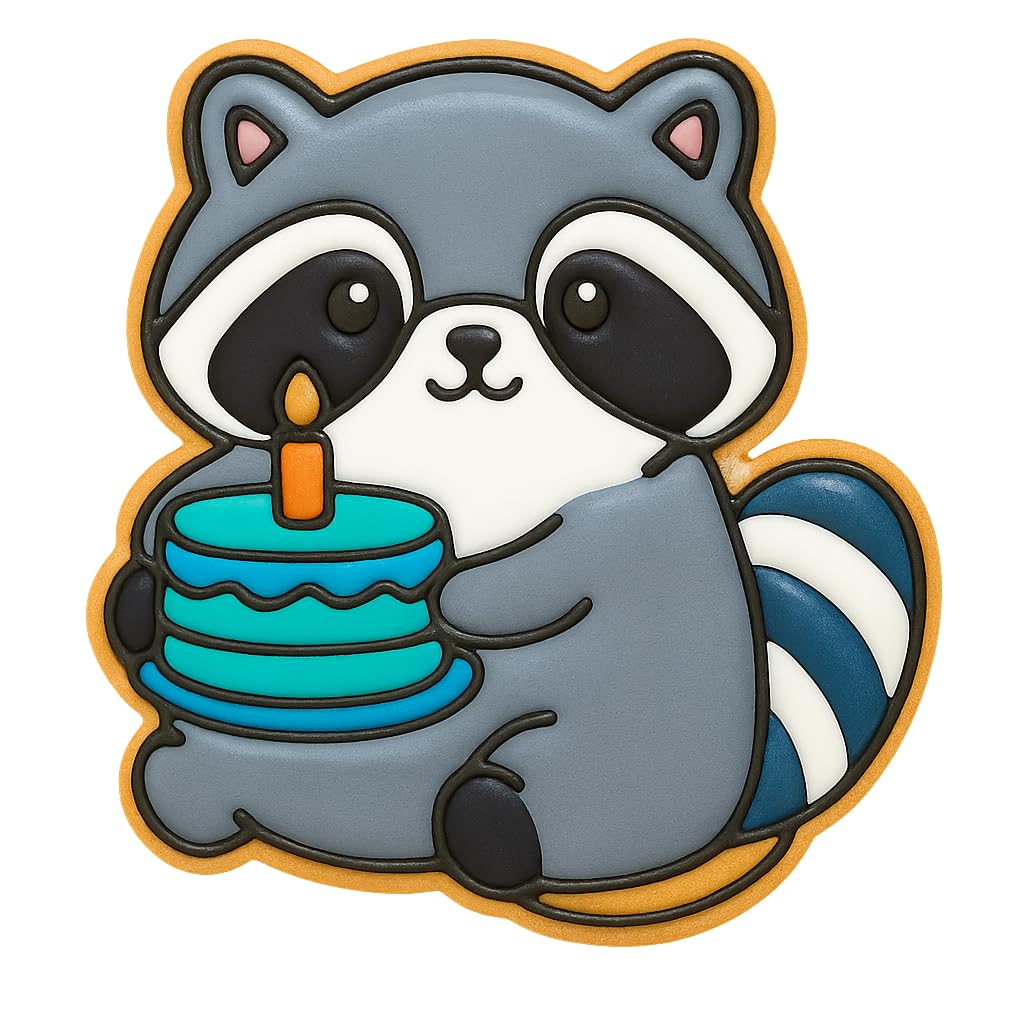 Kawaii Raccoon Holding Birthday Cake Cookie Cutter - 4x3.5" Fun Baking Design