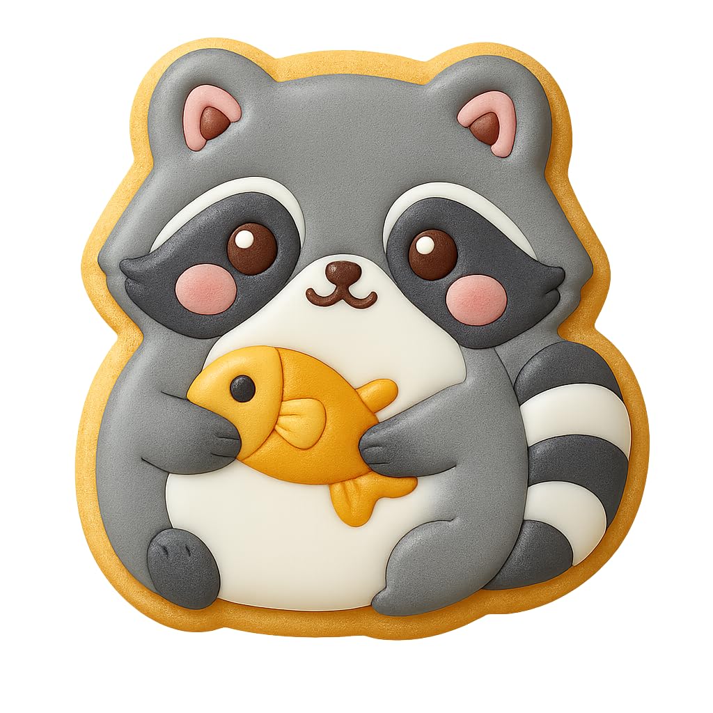 Kawaii Raccoon Holding Fish Cookie Cutter - 4x3.5" Fun Baking for Kids Party