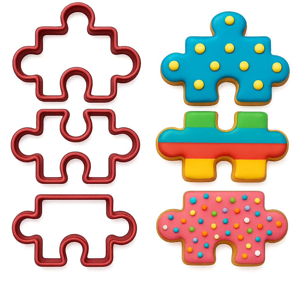 Jigsaw Puzzle Cookie Cutter Trio - 4x3", 4x2.2 & 4x2.2" (Random Color), Perfect for Unique Cookie Designs