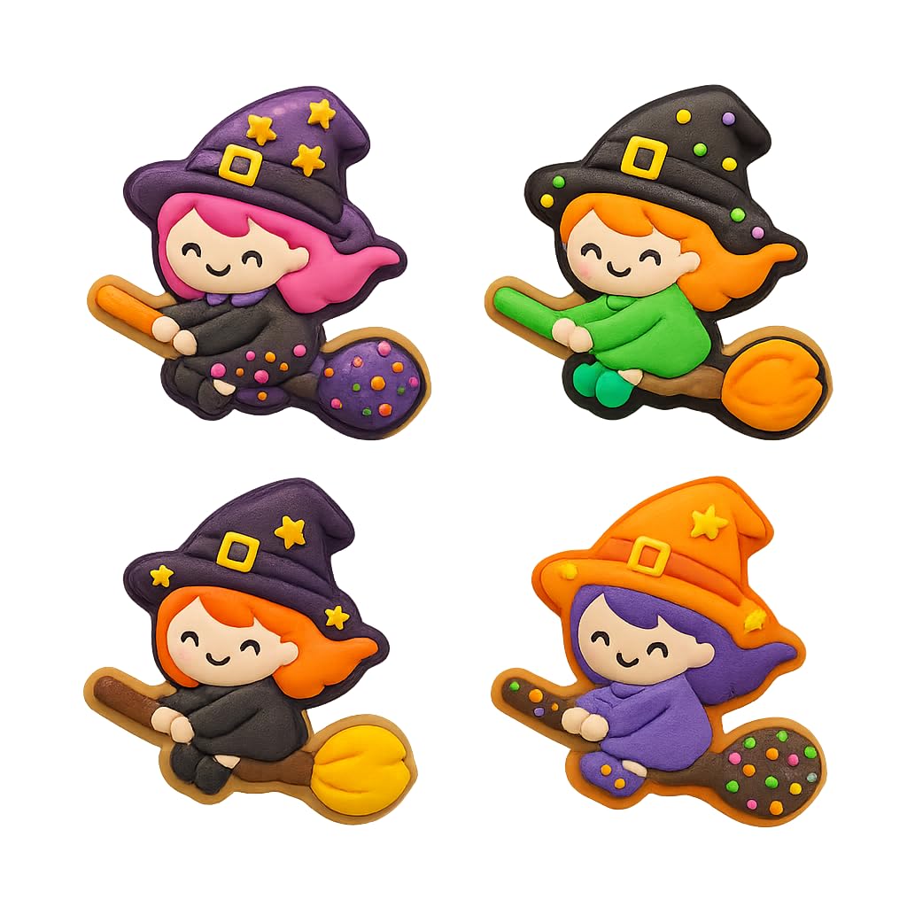 Kawaii Witch on Broom Cookie Cutter & Stamp 4x3.8" for Baking & Fondant Clay
