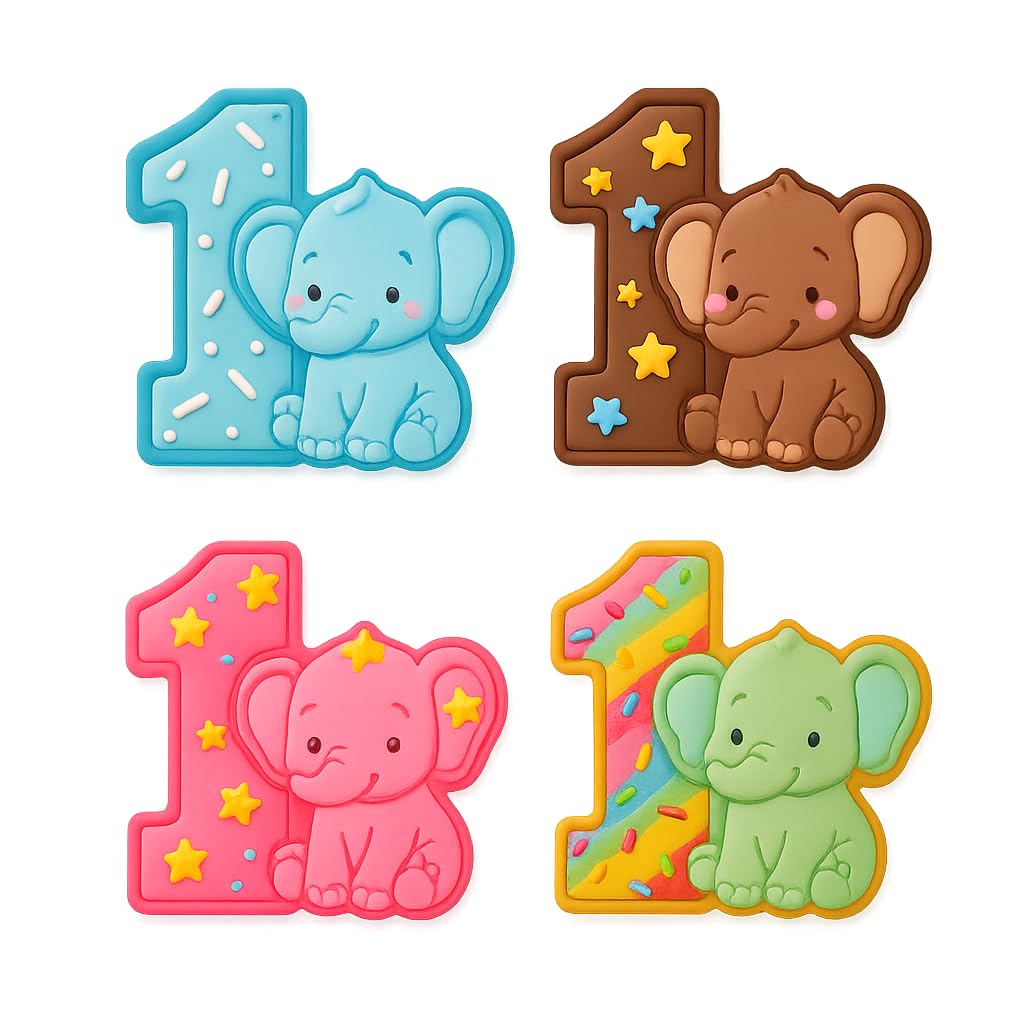 Mighty Gadget Number 1 with Elephant Cookie Cutter & Stamp - 4x3.5" Adorable Design for 1 Year Old Birthday (Random Color)