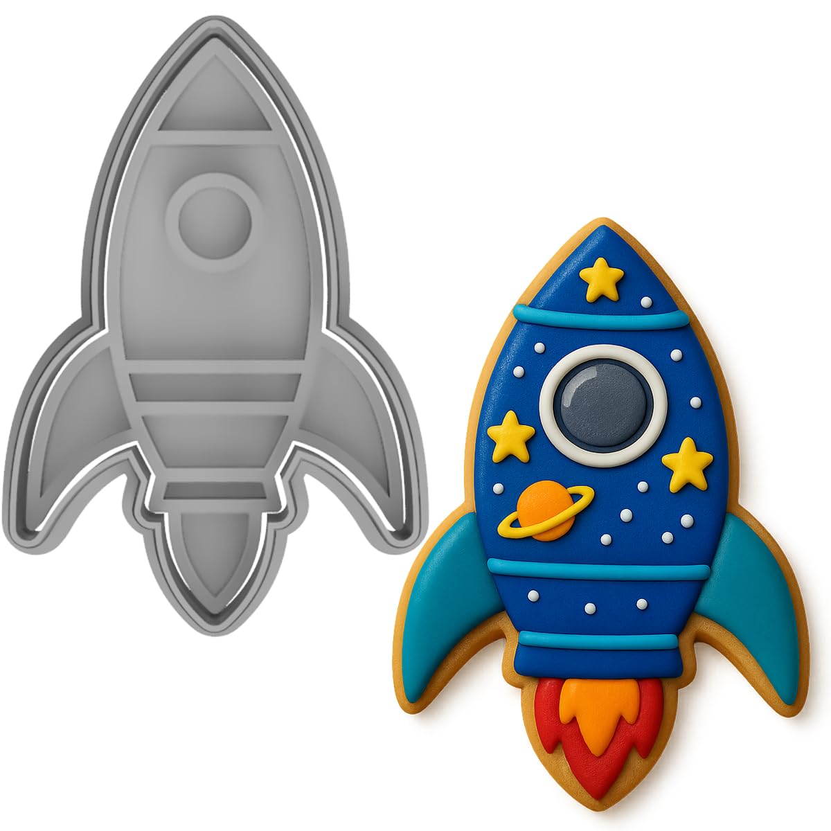 Space Rocket Cookie Cutter & Stamp 4x2.6" for Baking & Fondant Clay Embosser