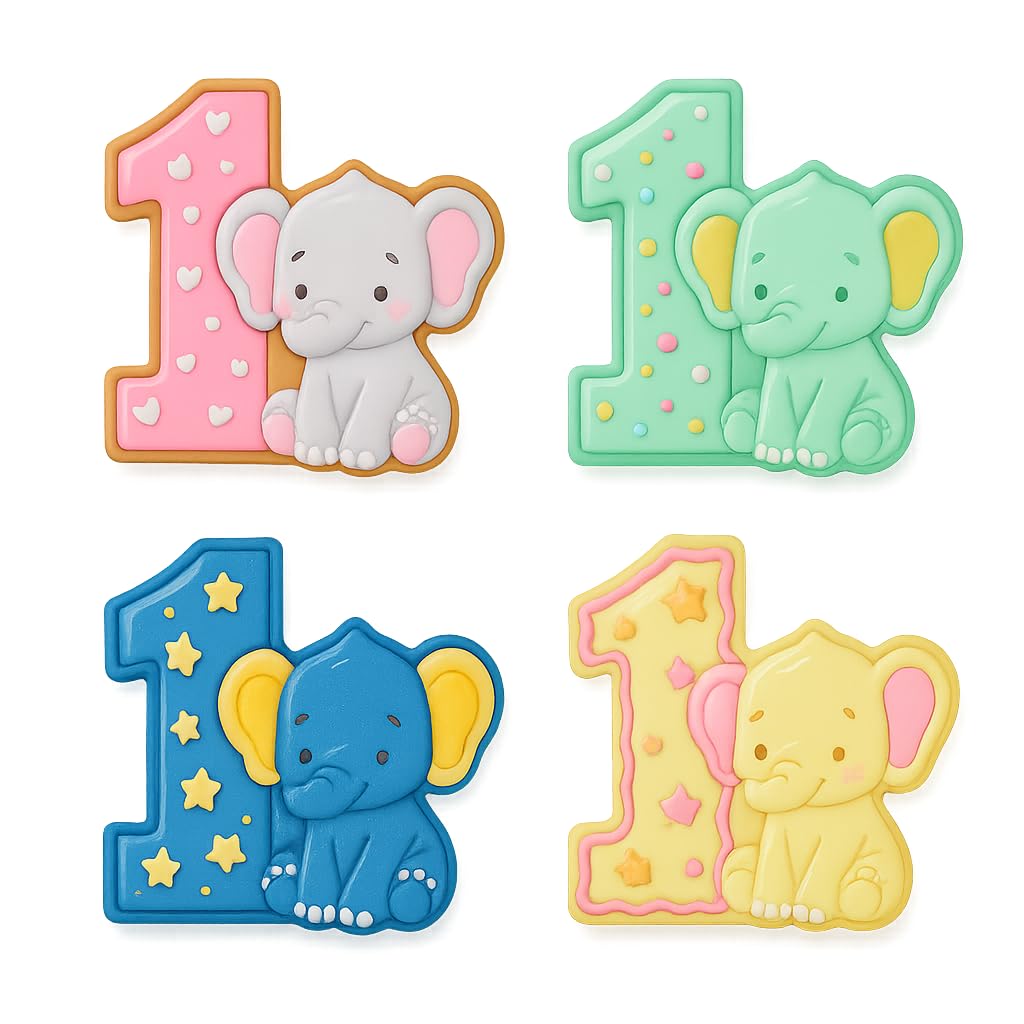 Mighty Gadget Number 1 with Elephant Cookie Cutter & Stamp - 4x3.5" Adorable Design for 1 Year Old Birthday (Random Color)