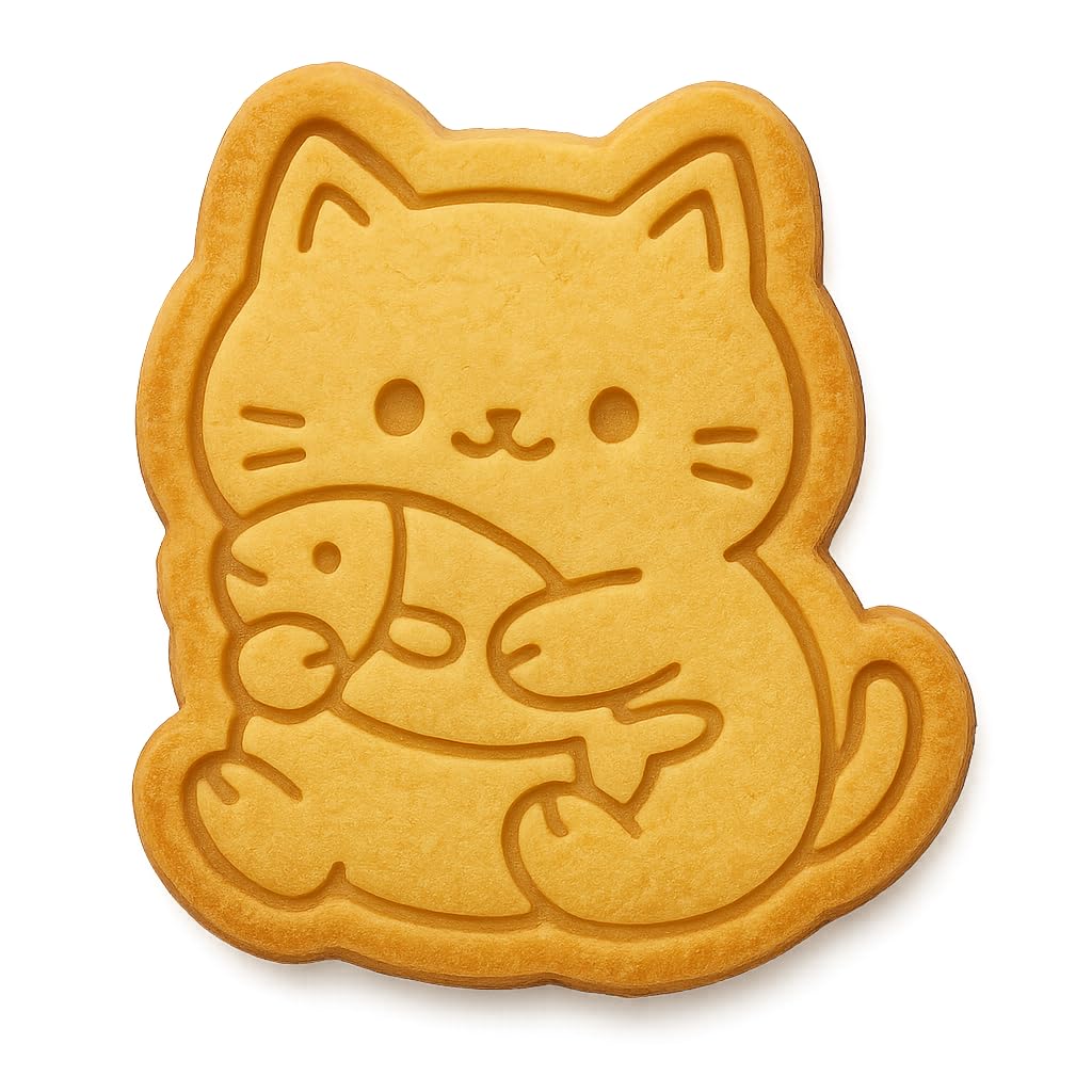 Kawaii Chubby Cat Holding Fish Cookie Cutter - 4x3.61" Fun Kitchen Baking