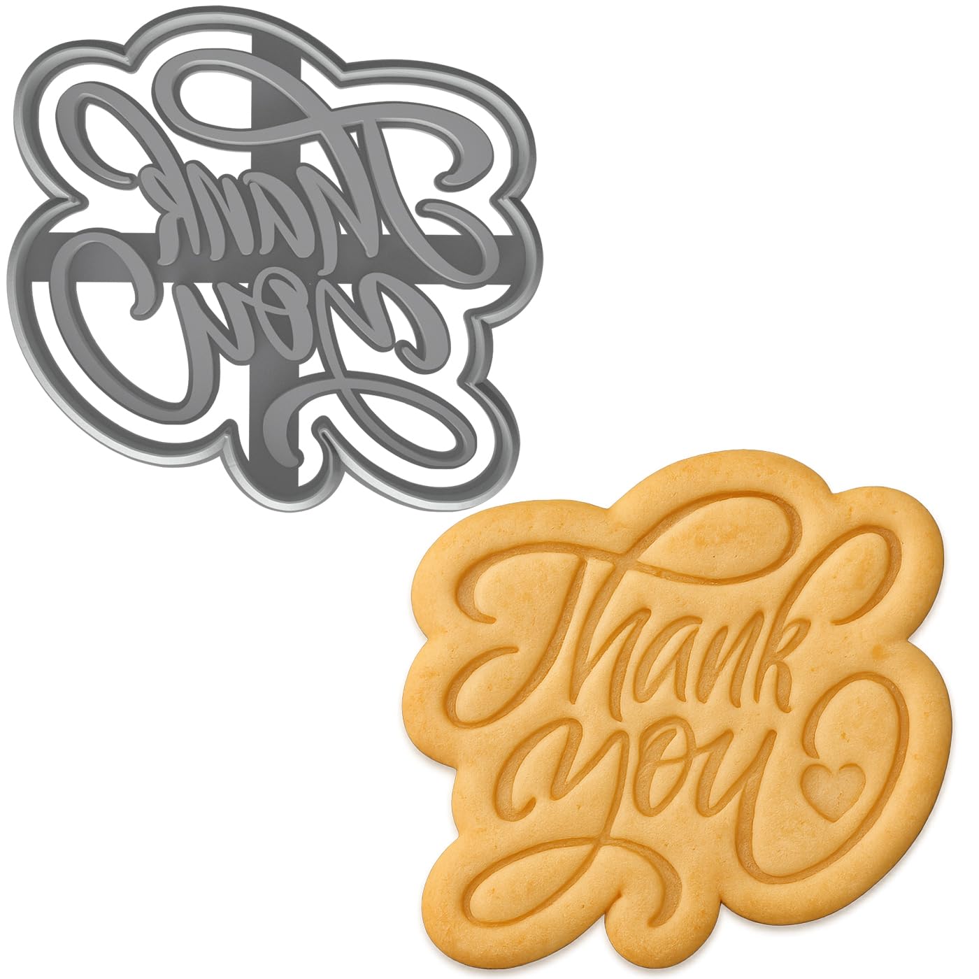 Mighty Gadget Elegant Thank You Cookie Cutter & Stamp - 4x3.76" Script Message Cookie Mold (Random Color)