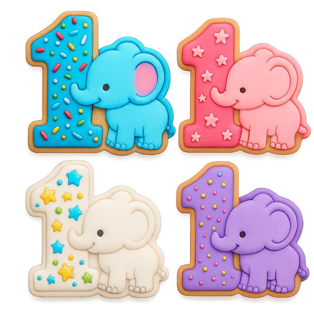 Mighty Gadget Baby Elephant and Number One Cookie Cutter & Stamp - 4x3.5" Fun for One Year Old Celebrations (Random Color)