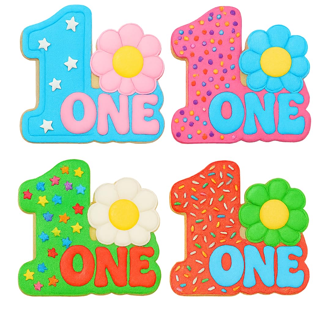 Mighty Gadget Number 1 with Retro Daisy Cookie Cutter & Stamp - 4x3.2" Fun Design for First Birthday (Random Color)