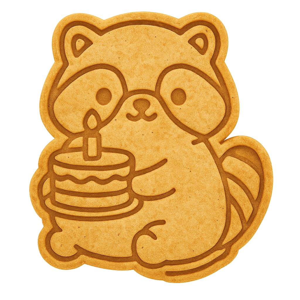 Kawaii Raccoon Holding Birthday Cake Cookie Cutter - 4x3.5" Fun Baking Design