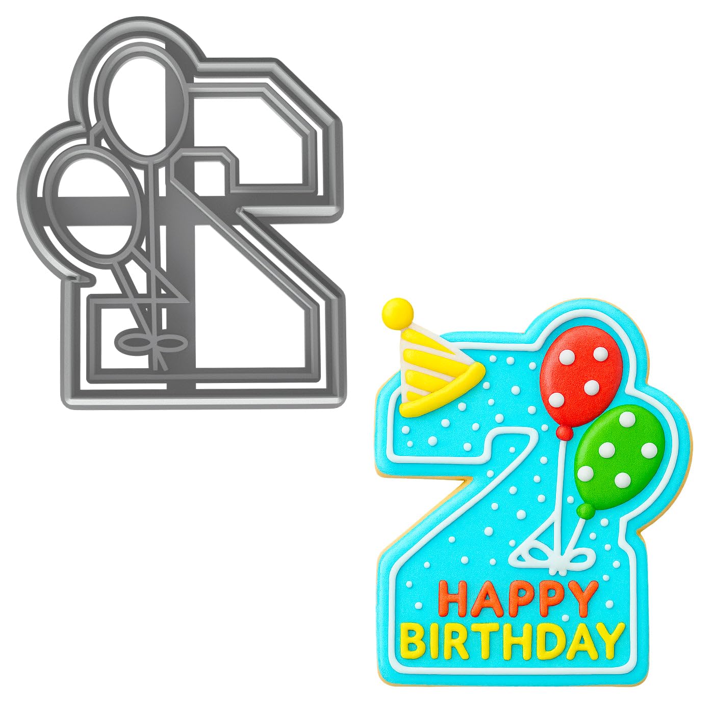 Mighty Gadget 2 Year Old Birthday Cookie Cutter - Number 2 with Balloons, 4x3.27” Baking Tool (Random Color)