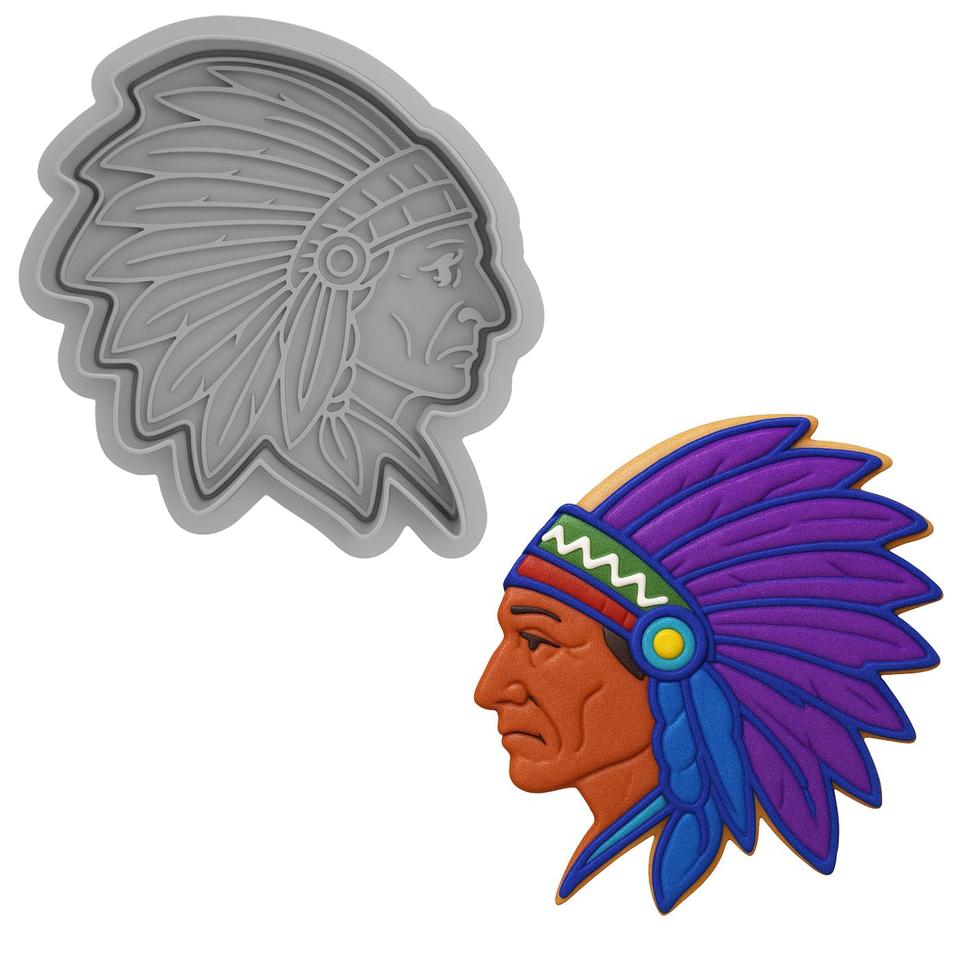 Mighty Gadget Native American Chief Cookie Cutter & Stamp - 4x3.59 Inches, Tribal Headdress Design (Random Color)
