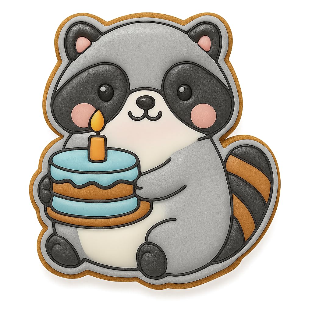 Kawaii Raccoon Holding Birthday Cake Cookie Cutter - 4x3.5" Fun Baking Design