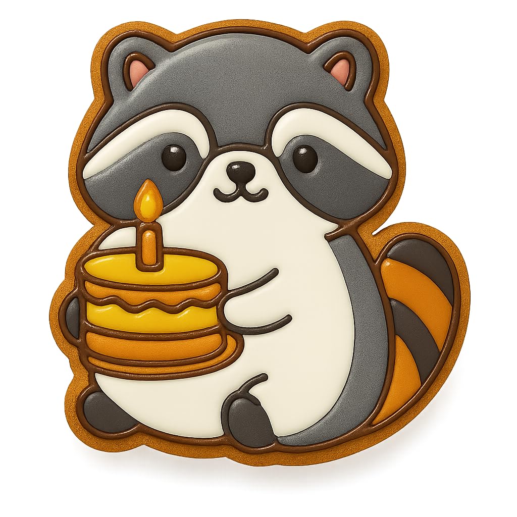 Kawaii Raccoon Holding Birthday Cake Cookie Cutter - 4x3.5" Fun Baking Design