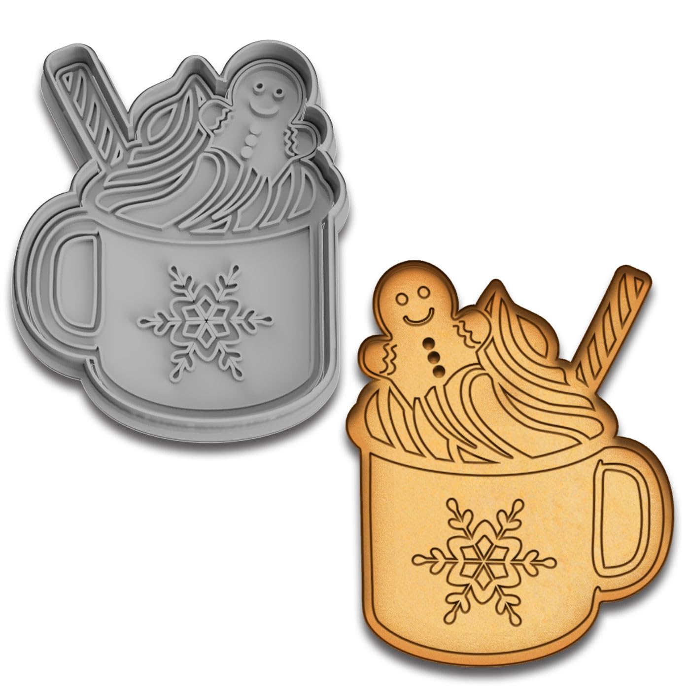 Hot Cocoa with Gingerbread Cookie Cutter & Stamp Set - 4.25x3.43 Inches, Festive Holiday Baking Tool
