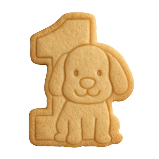 Mighty Gadget Number 1 with Puppy Cookie Cutter & Stamp - 4x3" Adorable Theme for First Birthday (Random Color)