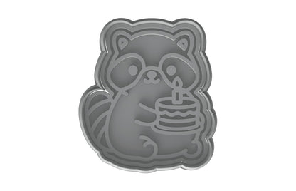 Kawaii Raccoon Holding Birthday Cake Cookie Cutter - 4x3.5" Fun Baking Design