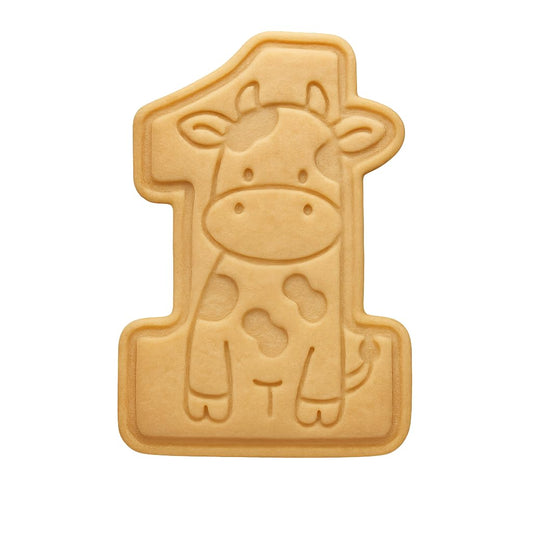Mighty Gadget Number 1 with Cow Cookie Cutter & Stamp - 4x2.6" Cute Animal Design for 1st Birthday Celebrations (Random Color)