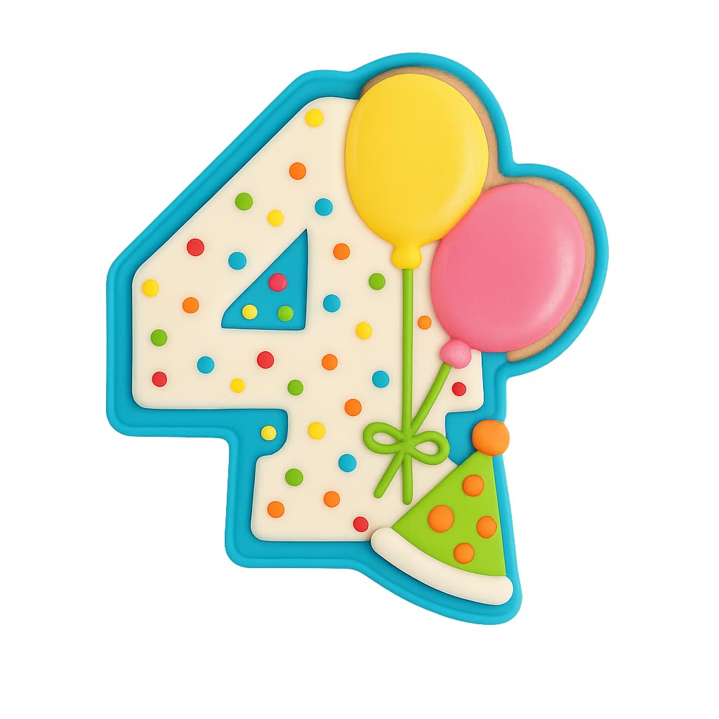 Mighty Gadget Number 4 with Balloons Cookie Cutter for 4 Year Old - 4x3.76" Birthday Celebration Mold (Random Color)