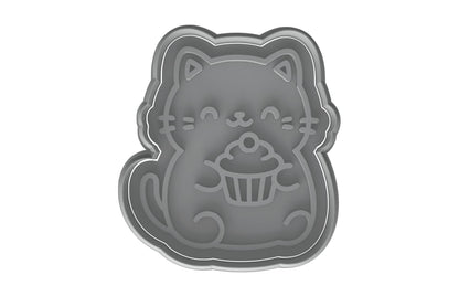 Kawaii Chubby Cat Holding Cupcake Cookie Cutter - 4x3.5" Fun Baking Set Design