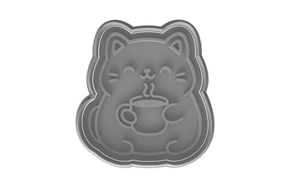 Kawaii Cat Holding Coffee Mug Cookie Cutter - 4x3.7" Fun Baking Design Set