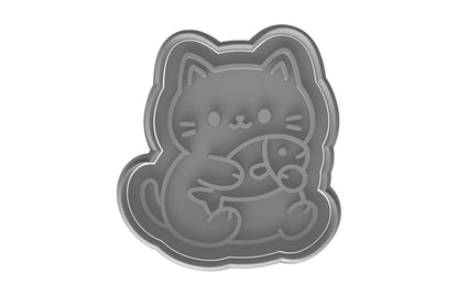 Kawaii Chubby Cat Holding Fish Cookie Cutter - 4x3.61" Fun Kitchen Baking