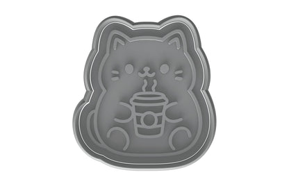 Kawaii Cat Holding Coffee Cup Cookie Cutter - 4x3.67" Fun Baking