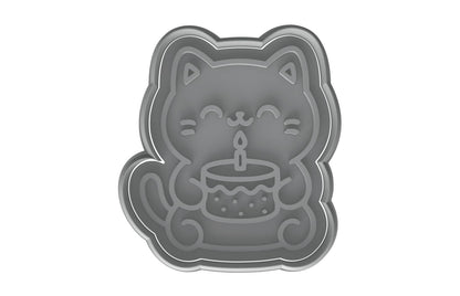Kawaii Chubby Cat w Birthday Cake Cookie Cutter - 4x3.5" Fun Birthday Party