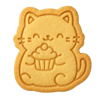 Kawaii Chubby Cat Holding Cupcake Cookie Cutter - 4x3.5" Fun Baking Set Design