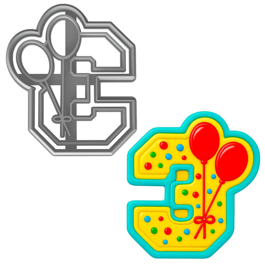 Mighty Gadget 3 Year Old Birthday Cookie Cutter - Number 3 with Balloons, 4x3.4” Baking Tool (Random Color)