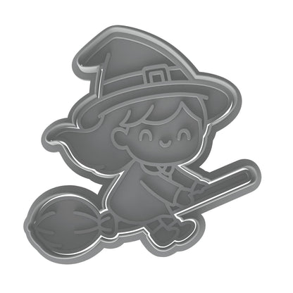Kawaii Witch on Broom Cookie Cutter & Stamp 4x3.8" for Baking & Fondant Clay