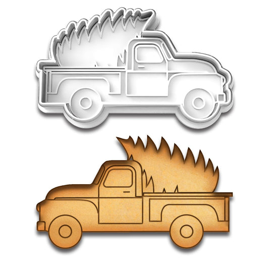 Vintage Pickup Truck with Christmas Tree Cookie Cutter & Stamp - 4.25x2.5 Inches, Festive Holiday Baking Tool