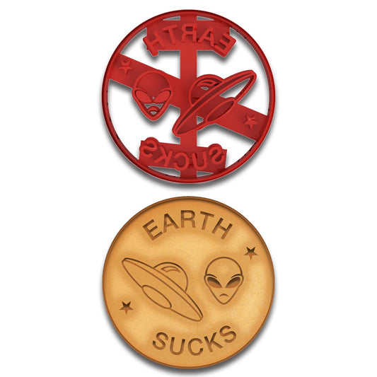 UFO & Alien Cookie Cutter & Stamp - "Earth Sucks" Design, 3.75x3.75", Sci-Fi Baking Mold (Random Color)